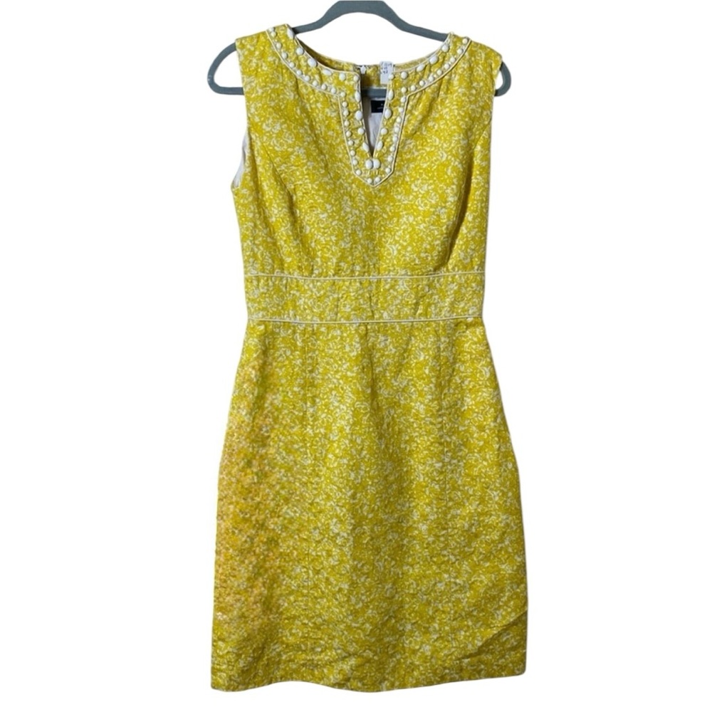 Tahari Yellow Brocade Shift Dress with Embellished Neckline